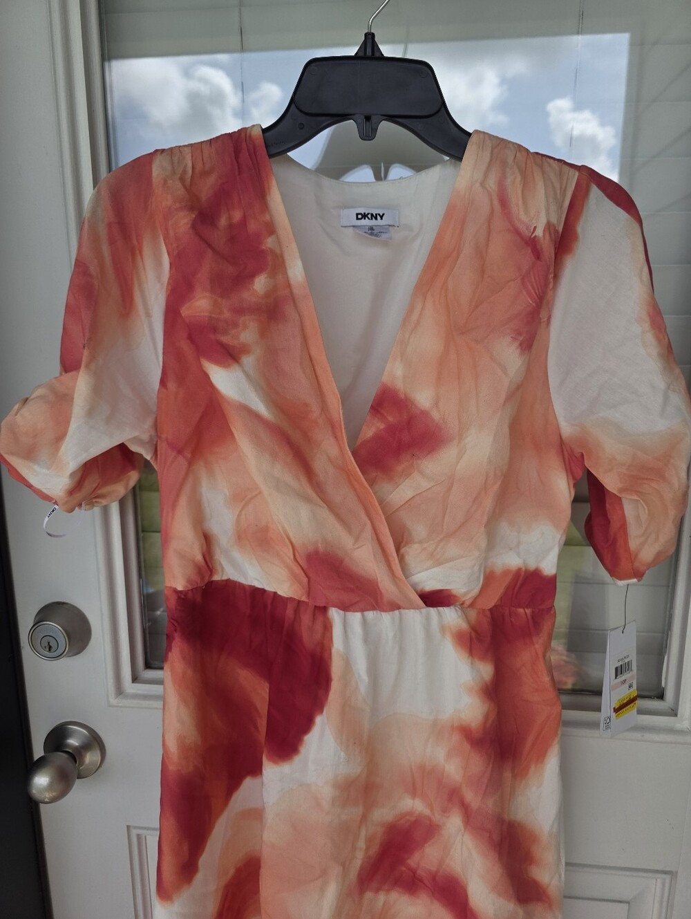 DKNY Petite Watercolor Floral Midi Dress Size 10P Pink Orange 100% Cotton Belted - Picture 4 of 10